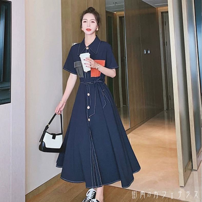 ロングワンピ マキシ ゆったり 半袖 Vネック 襟付き Aライン フレア プルオーバー ボタン ポケット 差し色 薄手生地 デニム 可愛い 大人可愛い きれいめ シンプル カジュアル シック コンサバ 華やか 大人 上品 おしゃれ お洒落 主役級 こなれ感 高見え ガーリー 無地 夏