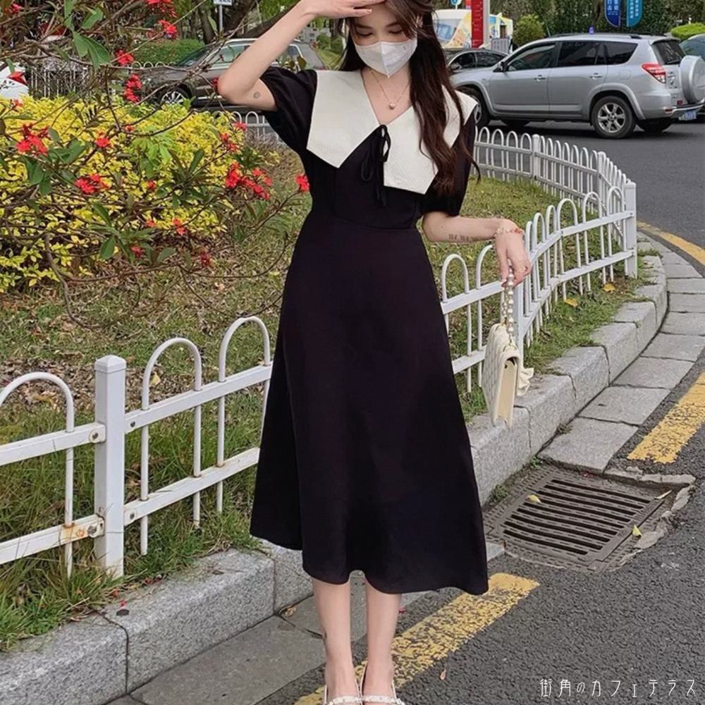 ロングワンピ 2色 ミモレ 半袖 Vネック チョークネック Aライン フレア プルオーバー リボン 薄手生地 ..