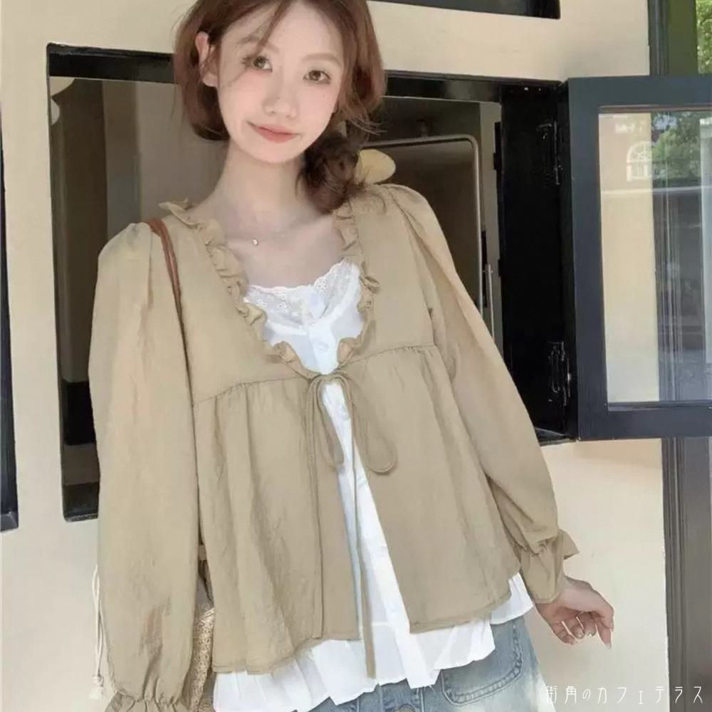 樂天商城 - ブラウス 3色 トップス ロング丈 大きい ゆったり 長袖 Vネック Aライン フレア プルオーバー リボン フリル 薄手生地 無地 かわいい 大人可愛い 大人女子 こなれ感 シンプル カジュアル 大人 上品 おしゃれ お洒落 ラフ コンサバ フェミニン ガーリー デート お出かけ
