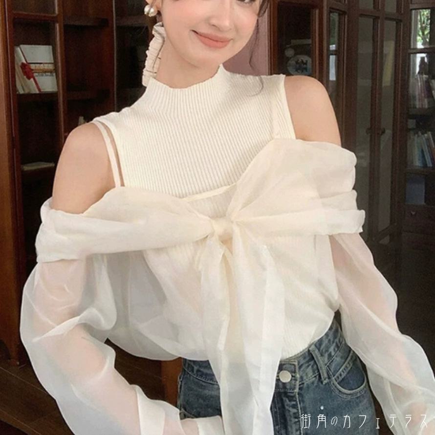 ブラウス 2色 セーター 2点セット トップス 長袖 ノースリーブ Aライン フレア プルオーバー リボン 透..