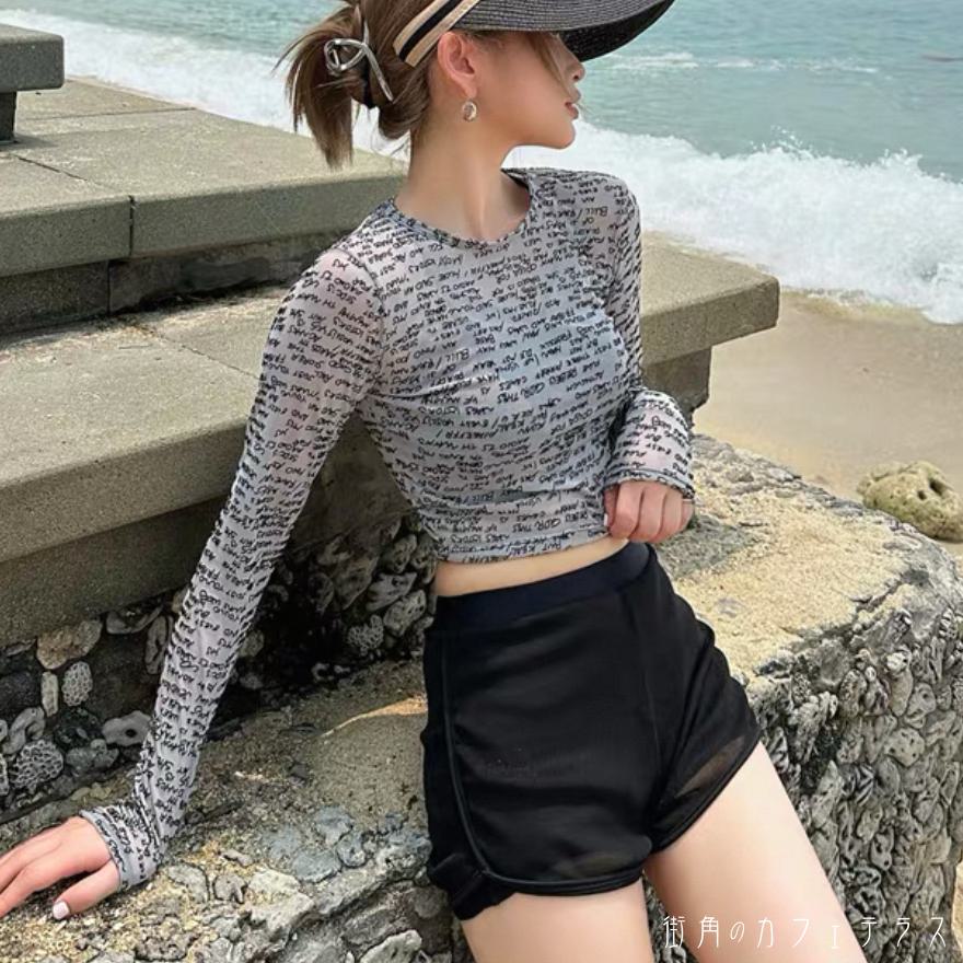 ビキニ ラッシュガード 3点セット 水着 パンツ ボトム ショートパンツ タンキニ 日焼け防止 UVカット 紫外線対策 Tシャツ トップス Uネック 長袖 かわいい 大人可愛い きれいめ シンプル カジュアル ナチュラル 華やか 大人 大人っぽい おしゃれ 主役級 女っぽ フェミニン