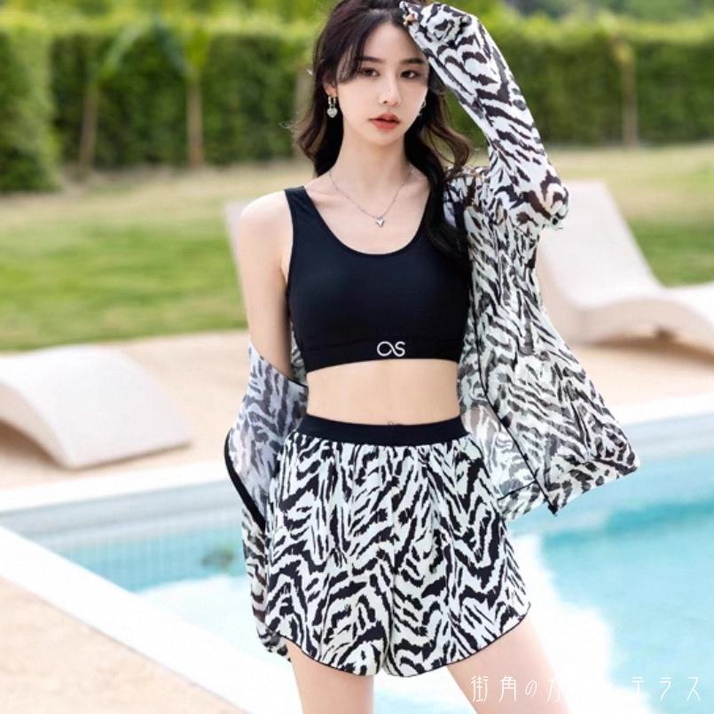 樂天商城 - ラッシュガード 3点セット ショートパンツ タンキニ 日焼け防止 UVカット 紫外線対策 羽織り アウター 長袖 透け感 かわいい 大人可愛い きれいめ シンプル カジュアル ナチュラル 華やか 大人 大人っぽい おしゃれ 主役級 女っぽ ガーリー スポーティ 薄手生地 セブラ柄 夏