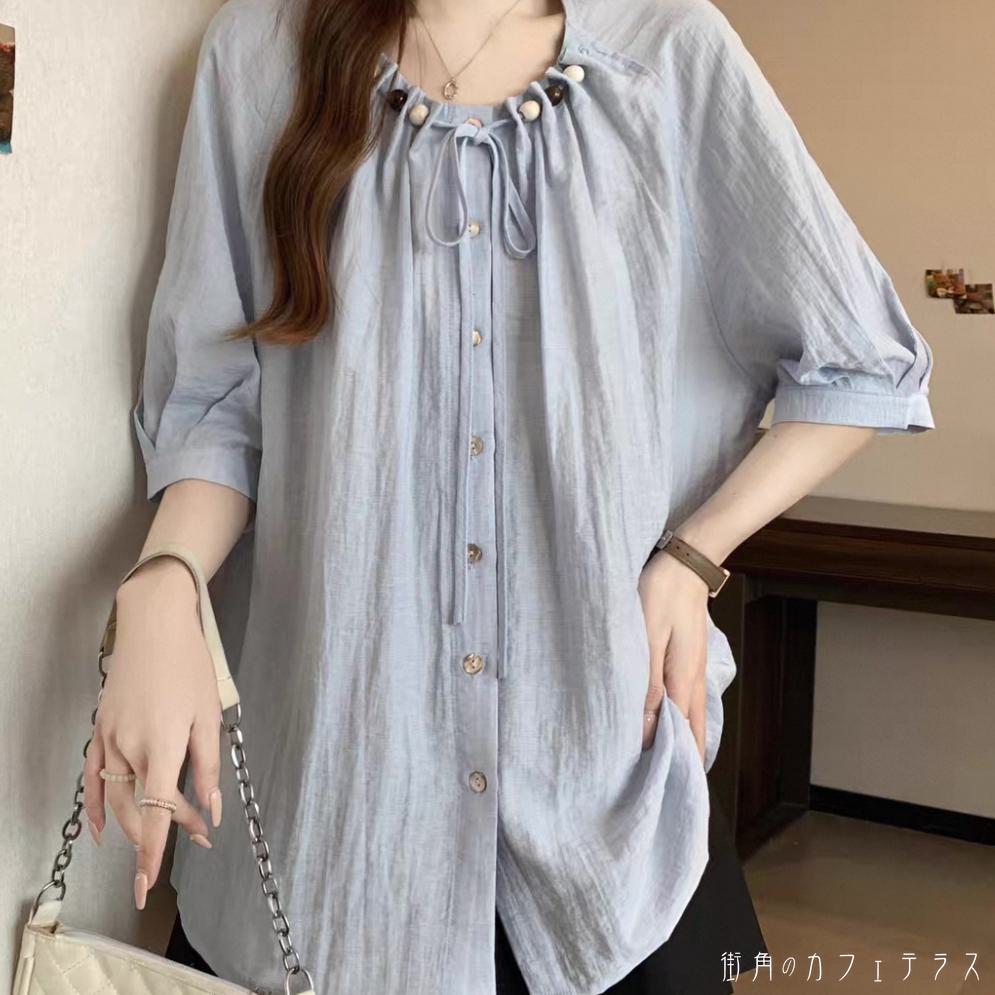 樂天商城 - ブラウス 2色 トップス ロング丈 大きい ゆる 半袖 Uネック Aライン フレア プルオーバー 薄手生地 無地 かわいい 大人可愛い 大人女子 こなれ感 シンプル カジュアル 大人 上品 おしゃれ お洒落 ラフ コンサバ フェミニン ガーリー デート お出かけ お茶会 女子会 休日