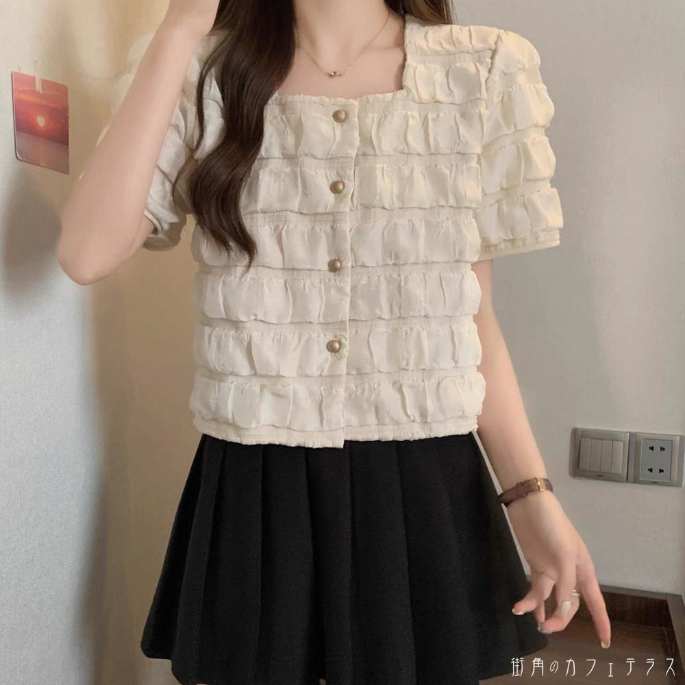 ブラウス2色トップス半袖パフスリー...