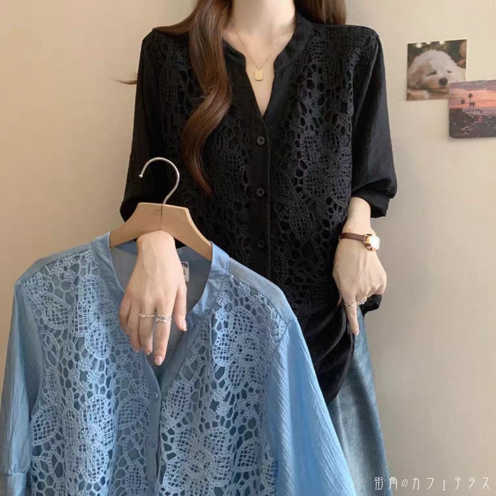 ブラウス 2色 トップス ロング丈 ゆったり 半袖 Vネック Aライン フレア ボタン レース 伸縮性 無地 かわいい 大人可愛い 大人女子 こなれ感 シンプル カジュアル 大人 上品 おしゃれ お洒落 ラフ コンサバ エレガント フェミニン ガーリー デート お出かけ お茶会 女子会 machicafe-10025034 街角のカフェテラス 楽天市場店 サンプル画像2