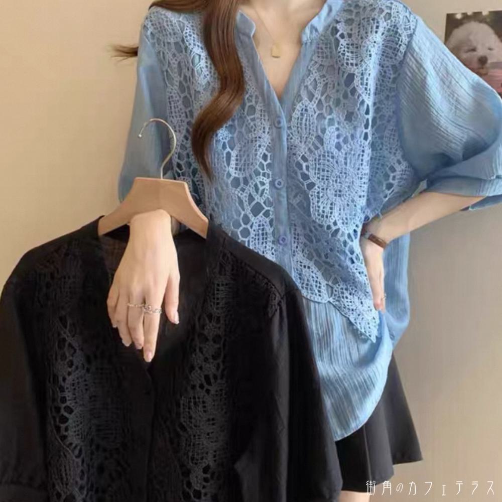 ブラウス 2色 トップス ロング丈 ゆったり 半袖 Vネック Aライン フレア ボタン レース 伸縮性 無地 かわいい 大人可愛い 大人女子 こなれ感 シンプル カジュアル 大人 上品 おしゃれ お洒落 ラフ コンサバ エレガント フェミニン ガーリー デート お出かけ お茶会 女子会 machicafe-10025034 街角のカフェテラス 楽天市場店 サンプル画像3