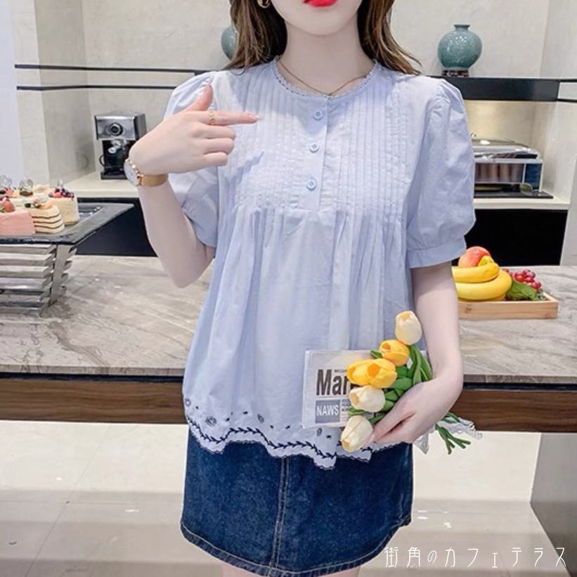 樂天商城 - ブラウス 2色 トップス ゆったり 半袖 Uネック Aライン フレア プルオーバー ボタン プリーツ 薄手生地 花柄 かわいい 大人可愛い 大人女子 こなれ感 シンプル カジュアル 大人 上品 おしゃれ お洒落 ラフ ガーリー デート お出かけ お茶会 女子会 休日 授業参観 夏 30代
