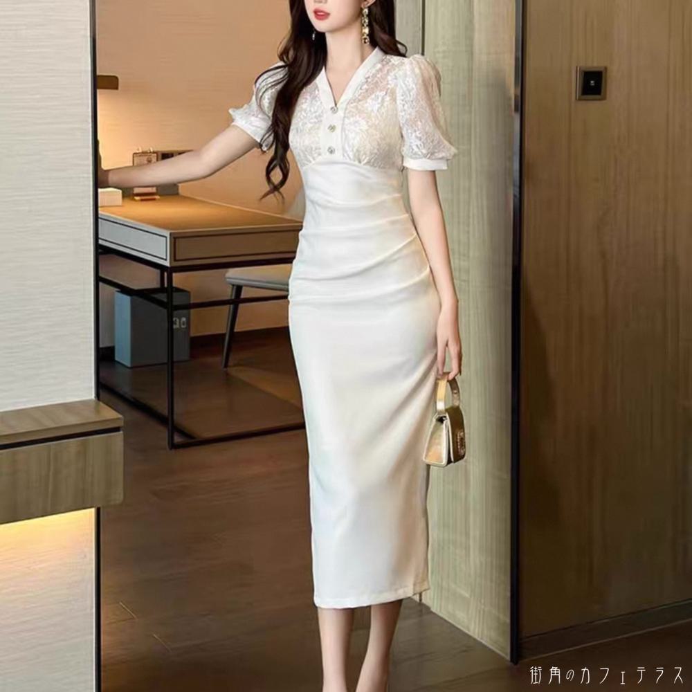 ロングドレス ひざ丈 ミモレ Iライン プルオーバー 半袖 Vネック 異素材切り替え ドッキング ファスナー 薄手生地 エレガント 可愛い 大人可愛い きれいめ シンプル カジュアル シック コンサバ 華やか 大人 上品 おしゃれ お洒落 主役級 こなれ感 高見え 高級感 フェミニン