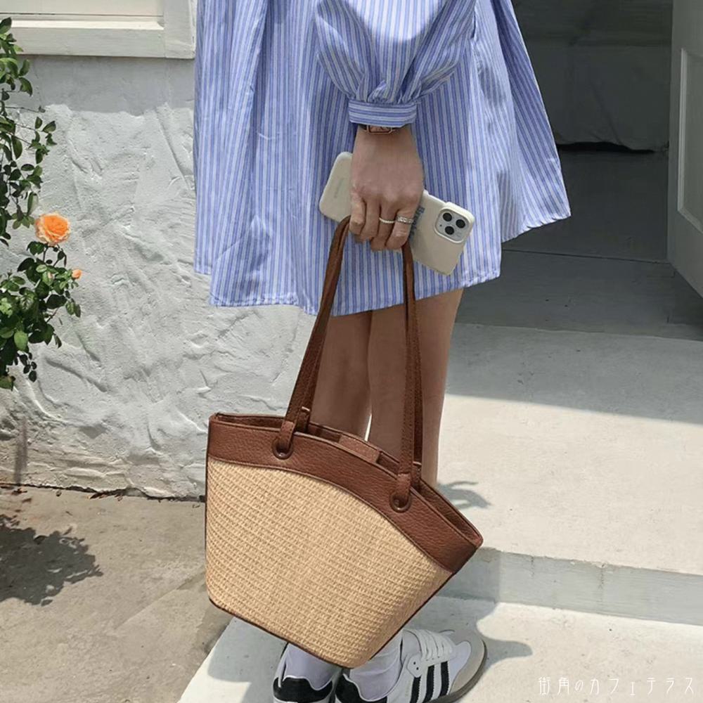 Handbag Type - かごバッグ トート 2色 大きめ 大容量 収納力 マチ付き 持ち手 かご PU レザー エレガント 可愛い 大人可愛い きれいめ シンプル カジュアル シック コンサバ 華やか 大人 上品 おしゃれ お洒落 主役級 こなれ感 高見え 高級感 季節感 無地 30代 40代 レディース 女性用 夏