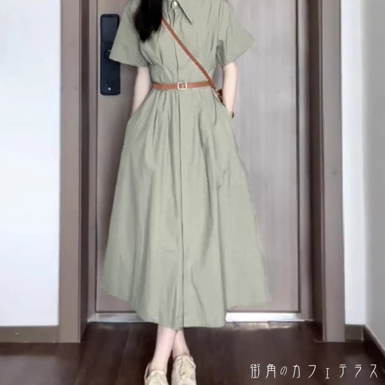 樂天商城 - ロングワンピ ゆったり 半袖 Vネック 襟付き Aライン フレア プルオーバー ボタン 薄手生地 可愛い 大人可愛い きれいめ シンプル カジュアル コンサバ 華やか 大人 上品 おしゃれ お洒落 レトロ こなれ感 ガーリー 無地 夏 レディース 女性用 20代 30代 40代 デート