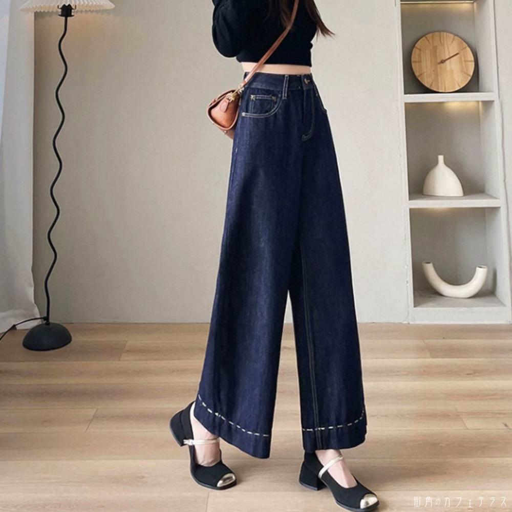 デニムパンツ ワイドパンツ フレア Aライン ガウチョ ボトム ロング マキシ ポケット ファスナー 縫い目 ステッチ デニム 薄手生地 かわいい 大人可愛い 大人女子 綺麗 シンプル カジュアル 大人 上品 おしゃれ お洒落 こなれ感 ラフ コンサバ 着痩せ レディライク 無地 夏