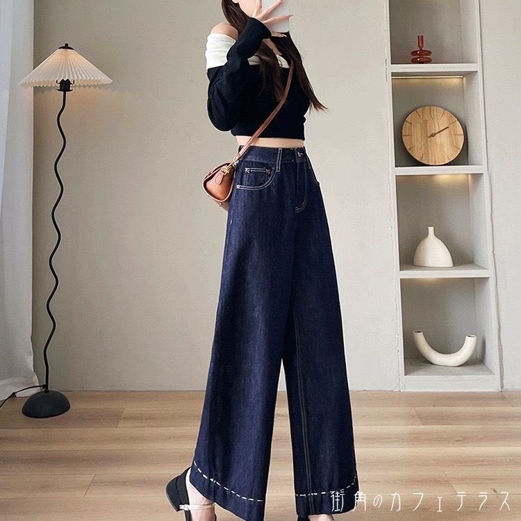 デニムパンツ ワイドパンツ フレア Aライン ガウチョ ボトム ロング マキシ ポケット ファスナー 縫い目 ステッチ デニム 薄手生地 かわいい 大人可愛い 大人女子 綺麗 シンプル カジュアル 大人 上品 おしゃれ お洒落 こなれ感 ラフ コンサバ 着痩せ レディライク 無地 夏