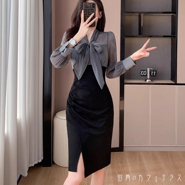 ロングドレス ペンシル ひざ丈 Aライン フレア Iライン プルオーバー 長袖 Vネック リボン 飾り 異素材切り替え ドッキング 薄手生地 エレガント 可愛い 大人可愛い きれいめ シンプル カジュアル シック コンサバ 華やか 大人 上品 おしゃれ お洒落 主役級 こなれ感 高見え