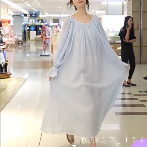 樂天商城 - パジャマ ナイトウェア ルームウェア ワンピース ロング 長袖 フレア袖 キャンディスリーブ ラウンドネック Aライン フレア プルオーバー 薄手生地 可愛い 大人可愛い きれいめ シンプル カジュアル コンサバ 華やか 大人 上品 おしゃれ お洒落 主役級 こなれ感 フェミニン
