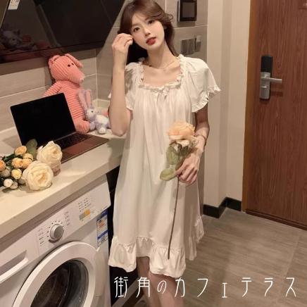 樂天商城 - パジャマ ナイトウェア ルームウェア ワンピース ロング 半袖 Uネック Aライン フレア プルオーバー リボン フリル 薄手生地 エレガント 可愛い 大人可愛い きれいめ シンプル カジュアル コンサバ 華やか 大人 上品 おしゃれ 主役級 こなれ感 高見え フェミニン ガーリー
