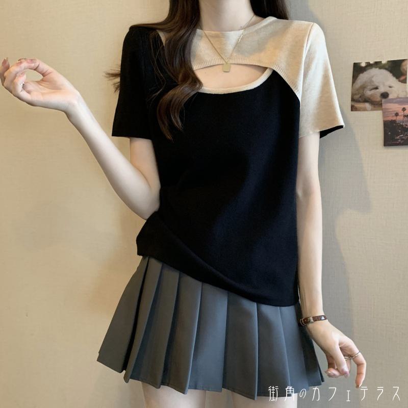 カットソー アシンメトリー レディース トップス ニット 秋服 秋コーデ カラーブロック カラー切り替え シンプル カジュアル きれいめ こなれ感 体型カバー 大人かわいい 半袖 ベージュ グレー ブラウン 20代 30代 40代 通勤 通学 オフィス お出掛け 女子会 お呼ばれ 春夏 machicafe-10025274 街角のカフェテラス 楽天市場店 サンプル画像2