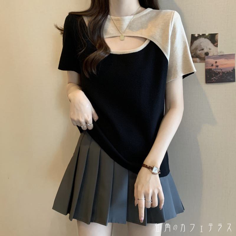 カットソー アシンメトリー レディース トップス ニット 秋服 秋コーデ カラーブロック カラー切り替え シンプル カジュアル きれいめ こなれ感 体型カバー 大人かわいい 半袖 ベージュ グレー ブラウン 20代 30代 40代 通勤 通学 オフィス お出掛け 女子会 お呼ばれ 春夏 machicafe-10025274 街角のカフェテラス 楽天市場店 サンプル画像3