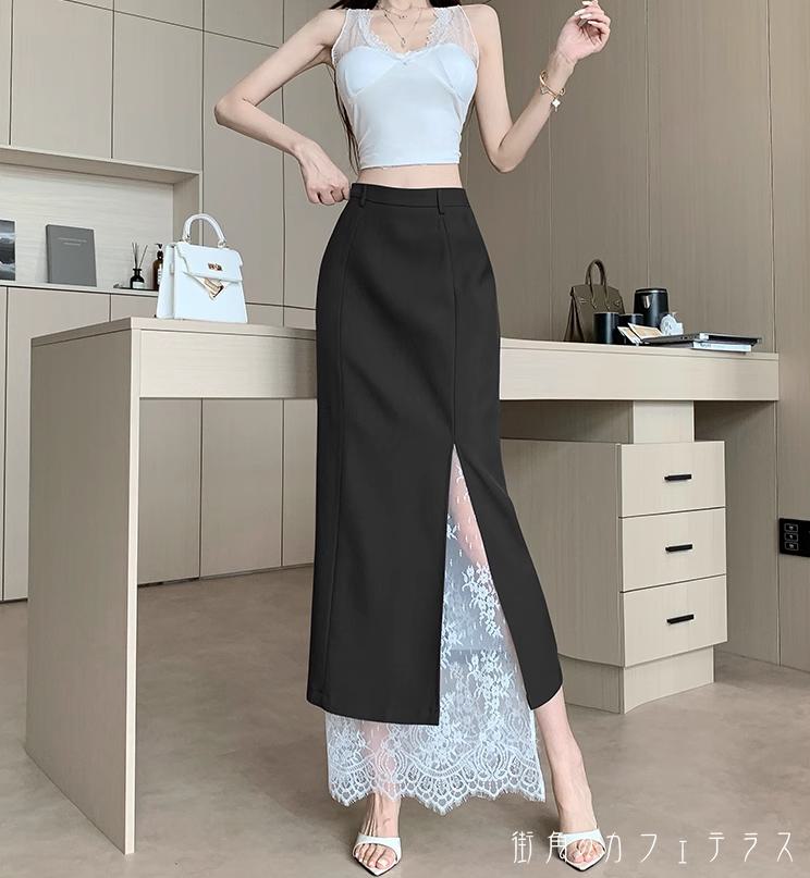 樂天商城 - ロングスカート 2色 ペンシルスカート マキシ丈 フレア Aライン ハイウエスト スリット 重ね着風 レイヤード 薄手 裏地 透け感 シースルー レース かわいい 大人可愛い きれいめ カジュアル 大人 上品 おしゃれ お洒落 こなれ感 コンサバ系 ラフ モード系 エレガント