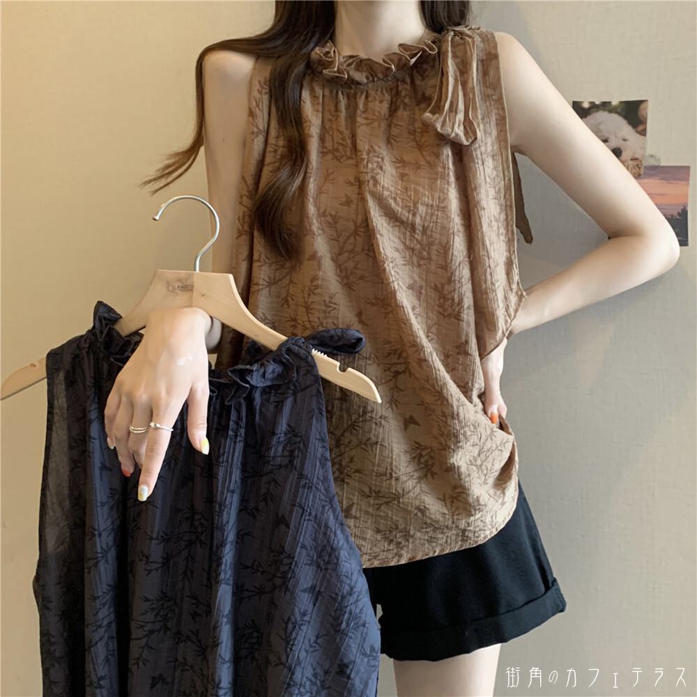 レディース トップス クルーネック リボン ブラウス ボタニカル タンクトップ キャミソール 重ね着 こ..