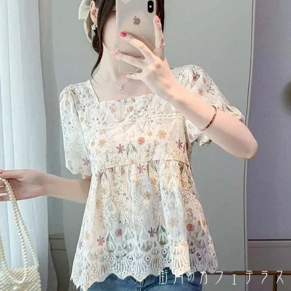 樂天商城 - レディース トップス ブラウス スクエアネック ふんわり袖 ギャザー フラワー レース エンブロイダリー 体型カバー 二の腕カバー こなれ感 シンプル カジュアル きれいめ 大人かわいい 半袖 イエロー グリーン 20代 30代 40代 通勤 通学 オフィス お出掛け 女子会 お呼ばれ