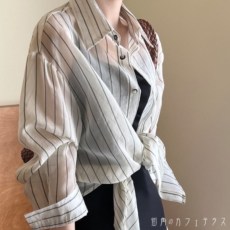 レディース アウター シャツ 羽織り 紫外線対策 クーラー対策 日よけ シアー感 こなれ感 ストライプ シンプル カジュアル きれいめ 抜け感 大人かわいい 長袖 ホワイト ブラウン 20代 30代 40代 通勤 通学 オフィス お出掛け 女子会 お呼ばれ 春夏