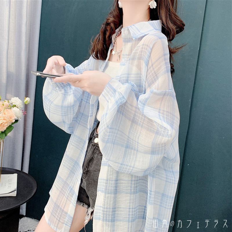 レディース アウター 羽織り 紫外線対策 UV対策 温度調節 冷房対策 こなれ感 チェック シアー感 透け感 大人かわいい キュート シンプル カジュアル 体型カバー 二の腕カバー ふんわり袖 抜け感 長袖 ブルー ピンク グリーン 20代 30代 40代 通勤 通学 オフィス お出掛け