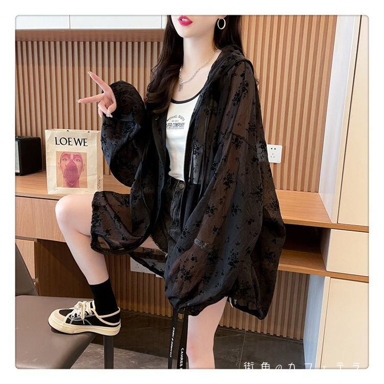 レディース アウター 羽織り パーカー シアー フラワー ボタニカル こなれ感 体型カバー 透け感 二の腕カバー 紫外線対策 UV対策 冷房対策 温度調節 シンプル カジュアル 大人かわいい こなれ感 長袖 ブラック アイボリー 20代 30代 40代 通勤 通学 オフィス お出掛け 女子会