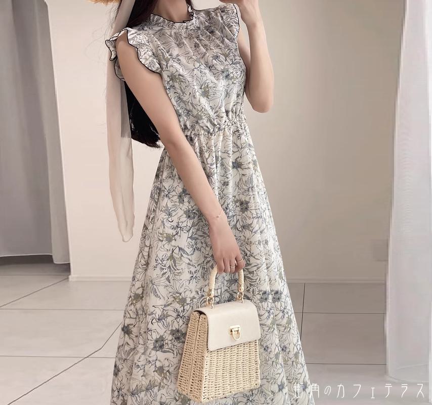 ロングワンピ 3色 ノースリーブ クルーネック Aライン フレア プルオーバー フリル 薄手生地 エレガント 可愛い 大人可愛い きれいめ シンプル カジュアル シック コンサバ 華やか 大人 上品 おしゃれ お洒落 レトロ 主役級 こなれ感 高見え 高級感 フェミニン ガーリー 花柄のサムネイル