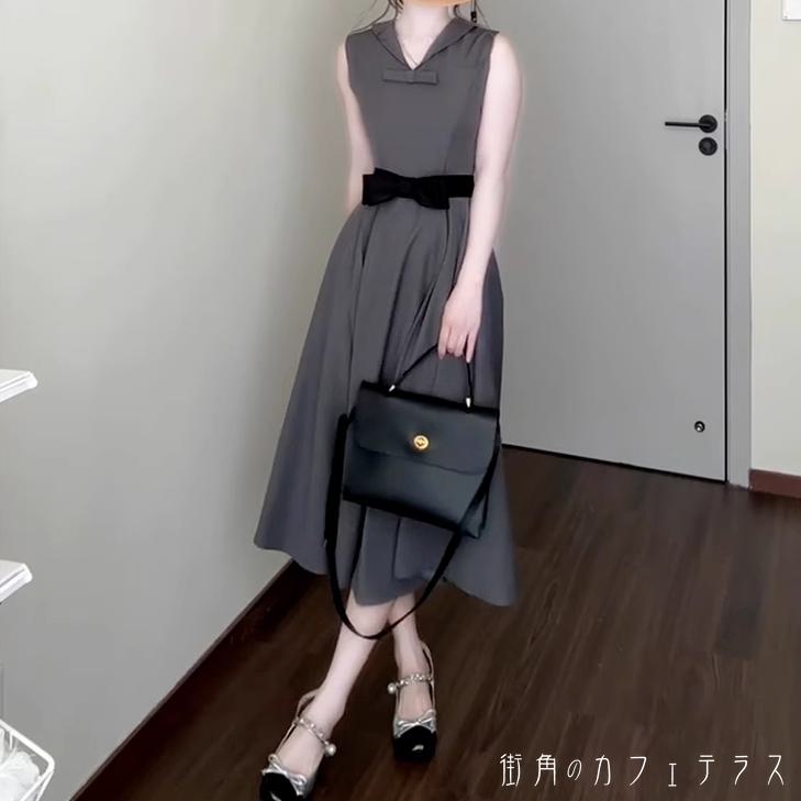樂天商城 - ロングドレス ミモレ Aライン フレア プルオーバー ノースリーブ リボン 薄手生地 エレガント 可愛い 大人可愛い きれいめ シンプル カジュアル シック コンサバ 華やか 大人 上品 おしゃれ お洒落 主役級 こなれ感 高見え 高級感 無地 夏 30代 40代 レディース 女性用 ママ