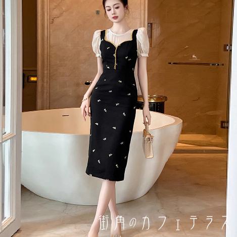 ロングドレス ペンシル Iライン プルオーバー 半袖 Uネック 異素材切り替え ドッキング 透け感 薄手生地 エレガント 可愛い 大人可愛い きれいめ シンプル カジュアル シック コンサバ 華やか 大人 上品 おしゃれ お洒落 レトロ 主役級 こなれ感 高見え 高級感 フェミニン