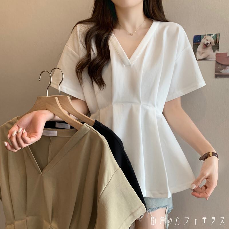 レディース トップス ブラウス シャツ Vネック ふんわり袖 シンプル カジュアル きれいめ 上品 スタイルアップ 体型カバー 二の腕カバー こなれ感 大人可愛い チュニック風 ペプラム デザイン 半袖 ホワイト カーキ ブラック 白 黒 20代 30代 40代 通勤 通学 オフィスのサムネイル