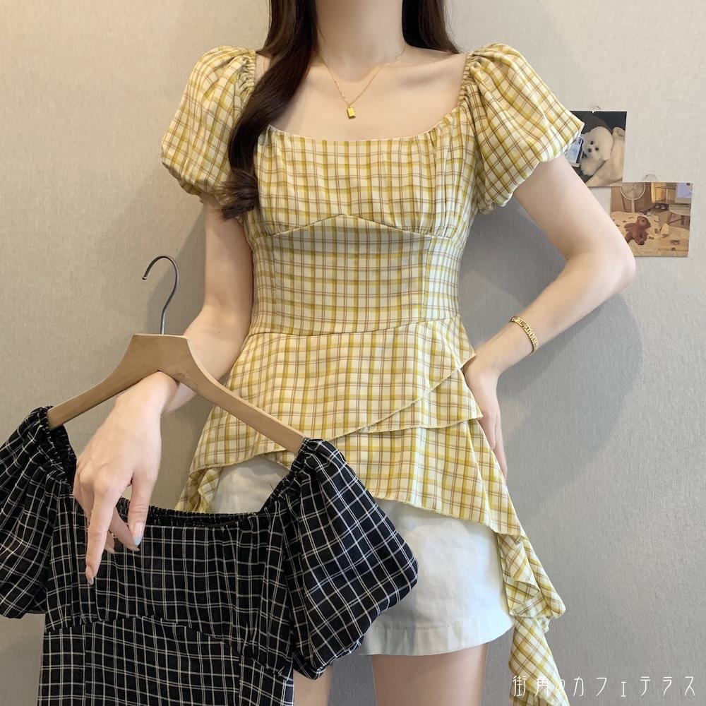 レディース トップス ブラウス スクエアネック ウエストシェイプ アシンメトリー デザイン チェック ふんわり袖 体型カバー 二の腕カバー スタイルアップ キュート シンプル カジュアル 大人かわいい 半袖 イエロー ブラック 20代 30代 40代 通勤 通学 オフィス お出掛けのサムネイル