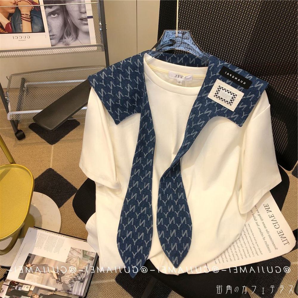 樂天商城 - レディース トップス カットソー キュート レトロ 学生風 クルーネック カラー切り替え リボンタイ シンプル カジュアル 半袖 ホワイト 20代 30代 40代 通勤 通学 オフィス お出掛け 女子会 お呼ばれ 春夏