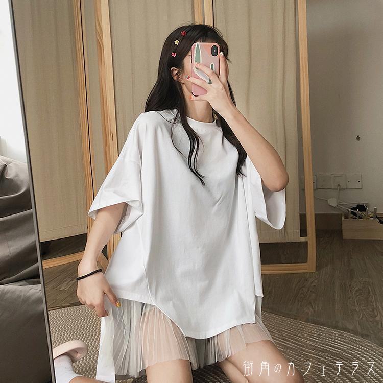 レディース トップス カットソー クルーネック 素材組み合わせ ドッキング レース ゆったり 体型カバー 二の腕カバー シンプル カジュアル こなれ感 大人可愛い 半袖 ホワイト ブラック 白 黒 20代 30代 40代 通勤 通学 オフィス お出掛け 女子会 お呼ばれ 春夏のサムネイル