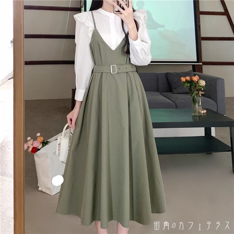 ロングワンピ ミモレ 長袖 Vネック 襟付き Aライン フレア プルオーバー ベルト 異素材切り替え ドッキング 重ね着風 レイヤード 薄手生地 エレガント 可愛い 大人可愛い きれいめ シンプル カジュアル コンサバ 華やか 大人 上品 おしゃれ お洒落 主役級 こなれ感 高級感のサムネイル