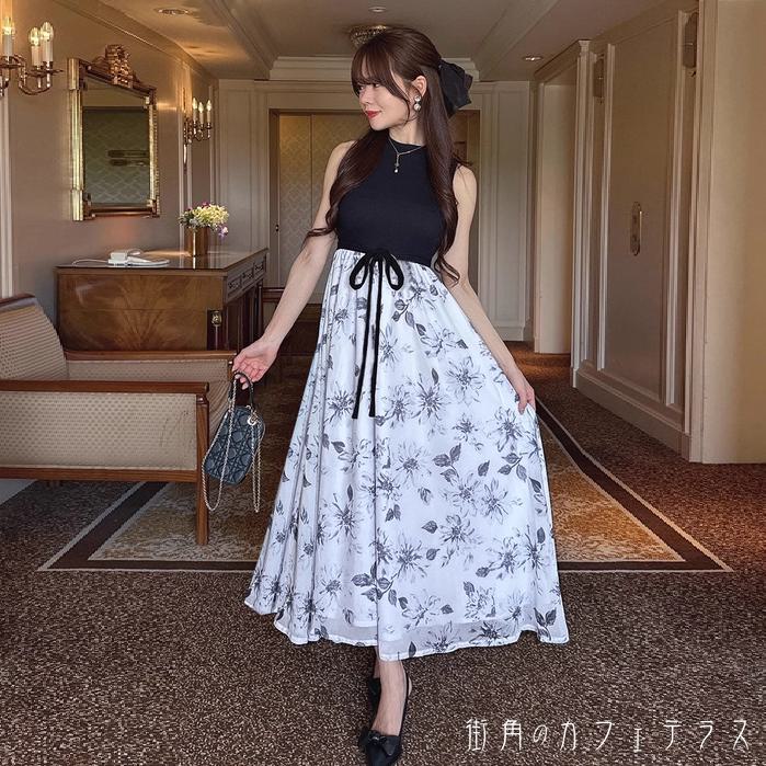 ロングワンピ ひざ丈 ミモレ ノースリーブ Uネック Aライン フレア プルオーバー リボン 透け感 シースルー 異素材切り替え ドッキング 薄手生地 エレガント 可愛い 大人可愛い きれいめ シンプル カジュアル シック コンサバ 華やか 大人 上品 おしゃれ お洒落 レトロのサムネイル