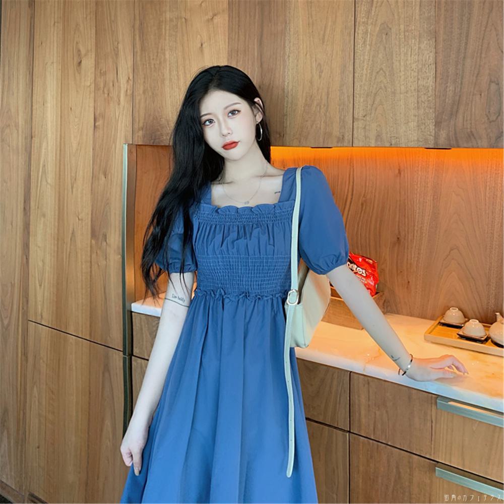 レディース ワンピース スクエアネック ふんわり袖 ミディアム丈 ミドル丈 Aライン 体型カバー こなれ感 シンプル カジュアル きれいめ 大人かわいい 二の腕カバー 半袖 ブルー 青 20代 30代 40代 通勤 通学 オフィス お出掛け 女子会 お呼ばれ 春夏のサムネイル