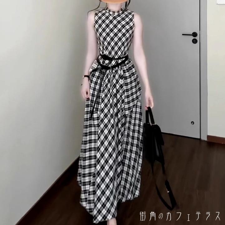 ロングワンピ ノースリーブ Uネック Aライン フレア プルオーバー 薄手生地 エレガント 可愛い 大人可愛い きれいめ シンプル カジュアル シック コンサバ 華やか 大人 上品 おしゃれ お洒落 主役級 こなれ感 チェック柄 夏 レディース 女性用 ママ 20代 30代 40代 デートのサムネイル