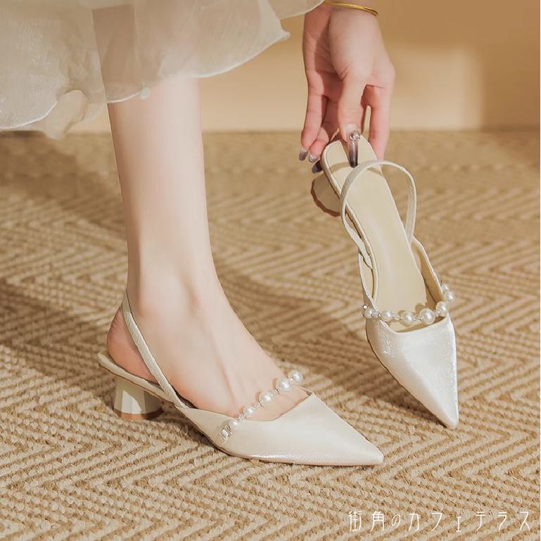 サンダル 2色 靴 シューズ チャンキーヒール ポインテットゥ 飾り パール エレガント 可愛い 大人可愛い きれいめ シンプル カジュアル シック コンサバ 華やか 大人 上品 おしゃれ 主役級 こなれ感 高見え 高級感 フェミニン 無地 夏 レディース 女性用 ママ 20代 30代 40代のサムネイル