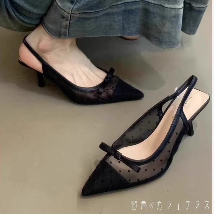 サンダル 2色 靴 シューズ ピンヒール ポインテットゥ バンド リボン 異素材切り替え ドッキング 透け感 シースルー 薄手生地 エレガント 可愛い 大人可愛い きれいめ シンプル カジュアル シック コンサバ 華やか 大人 上品 おしゃれ 主役級 こなれ感 高見え 高級感のサムネイル