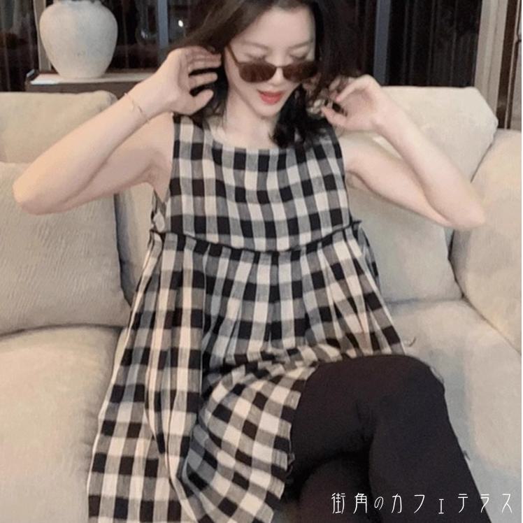 樂天商城 - カットソー タンクトップ トップス ロング丈 ゆったり ノースリーブ Uネック Aライン フレア プルオーバー 縫い目 ステッチ 薄手生地 チェック柄 かわいい 大人可愛い 大人女子 こなれ感 シンプル カジュアル 大人 おしゃれ お洒落 ラフ コンサバ デート お出かけ お茶会