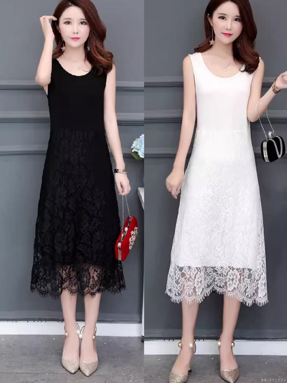 ロングドレス 2色 衣装 花柄レース ミモレ Aライン フレア プルオーバー ノースリーブ Uネック 異素材切り替え ドッキング 透け感 薄手生地 エレガント 可愛い 大人可愛い きれいめ シンプル カジュアル コンサバ 華やか 大人 上品 おしゃれ 主役級 こなれ感 高見え 高級感