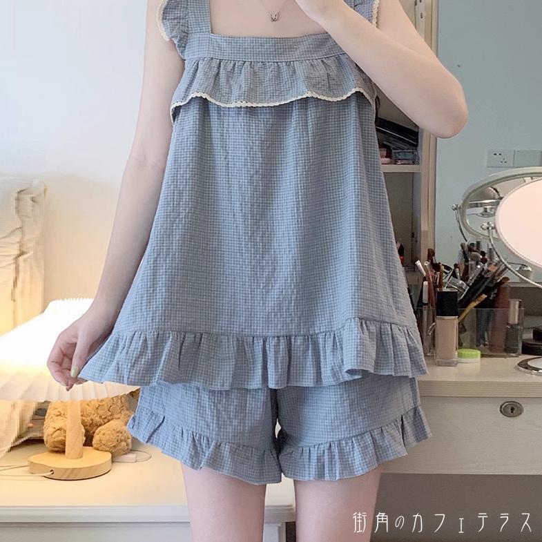 樂天商城 - パジャマ 2色 ナイトウェア ルームウェア トップス Tシャツ タンクトップ パンツ ボトム ショートパンツ ノースリーブ ラウンドネック Aライン フレア プルオーバー フリル 薄手生地 可愛い シンプル カジュアル 華やか おしゃれ お洒落 主役級 こなれ感 フェミニン ガーリー