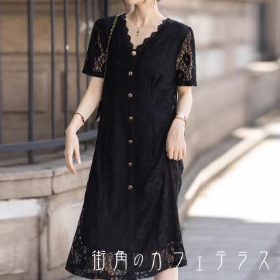 ロングドレス 衣装 マキシ ひざ丈 Aライン フレア プルオーバー 半袖 Vネック 飾り 装飾 レース ボタン 薄手生地 通気性 エレガント 可愛い 大人可愛い きれいめ シンプル カジュアル シック コンサバ 華やか 大人 上品 おしゃれ お洒落 主役級 こなれ感 高見え 高級感