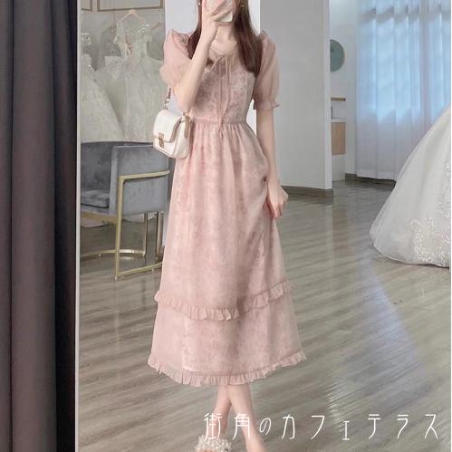 ロングドレス 衣装 カラードレス シアー ひざ丈 ミモレ フリル Aライン フレア プルオーバー 半袖 ラウンドネック 飾り 装飾 薄手生地 エレガント 可愛い 大人可愛い きれいめ シンプル カジュアル シック コンサバ 華やか 大人 上品 おしゃれ お洒落 主役級 こなれ感 高見えのサムネイル