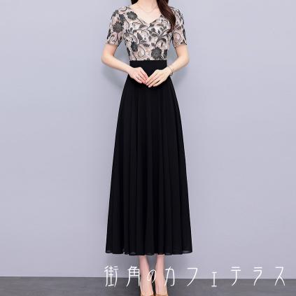 Rakuten - ロングドレス 衣装 マキシ ミモレ Aライン フレア プルオーバー ワンピース 半袖 Vネック 薄手生地 通気性 エレガント 可愛い 大人可愛い きれいめ シンプル カジュアル シック コンサバ 華やか 大人 上品 おしゃれ お洒落 主役級 こなれ感 高見え 花柄 夏 30代 40代