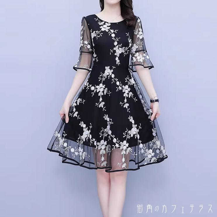 ロングドレス 衣装 シアー ひざ丈 ミモレ Aライン フレア ベアトップ 半袖 Vネック 透け感 シースルー 薄手生地 エレガント 可愛い 大人可愛い きれいめ シンプル カジュアル シック コンサバ 華やか 大人 上品 おしゃれ お洒落 主役級 こなれ感 高見え 高級感 花柄 夏 30代