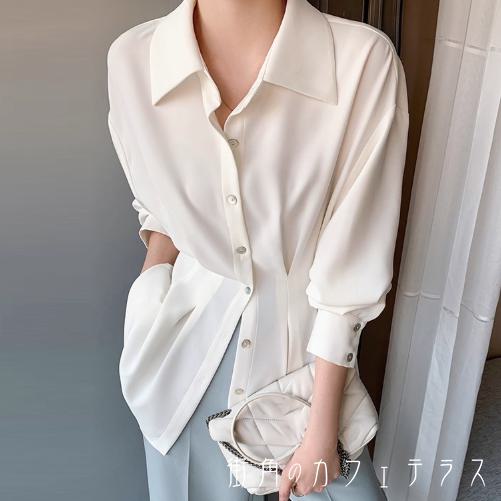 Long-Sleeved - ブラウス 3色 トップス 長袖 Vネック 襟付き Aライン フレア プルオーバー プリーツ 薄手生地 無地 かわいい 大人可愛い 大人女子 こなれ感 シンプル カジュアル 大人 上品 おしゃれ お洒落 ラフ コンサバ デート お出かけ お茶会 女子会 休日 授業参観 OL 通勤 オフィス