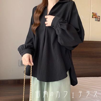 樂天商城 - ブラウス 30代 40代 女性用 レディース トップス ロング丈 ゆったり 長袖 Vネック 襟付き Aライン フレア プルオーバー 薄手生地 無地 シンプル カジュアル 大人 コンサバ お出かけ 休日 OL 通勤 オフィス ビジネス 春 秋 デイリーユース 普段使い ファッション 定番アイテム