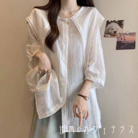 樂天商城 - ブラウス 2色 大きめ襟 デコラティブ 30代 40代 女性用 レディース トップス ロング丈 ゆったり 長袖 Uネック Aライン フレア ボタン 薄手生地 無地 かわいい 大人可愛い 大人女子 こなれ感 シンプル カジュアル 大人 上品 おしゃれ お洒落 ラフ コンサバ デート お出かけ